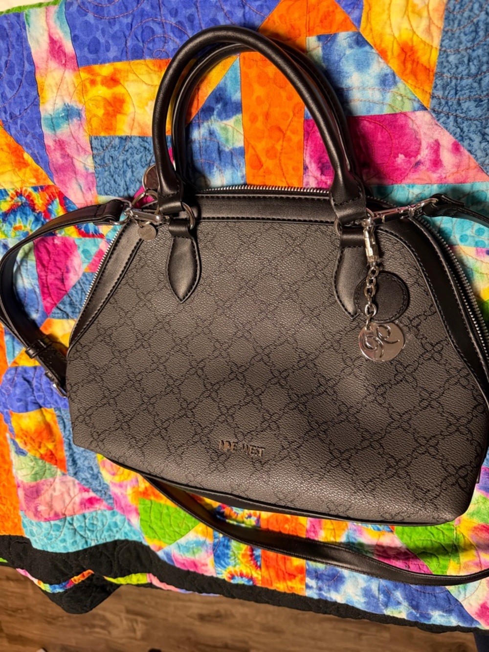 Nine West Black Dome Satchel with Silver Charm Accent